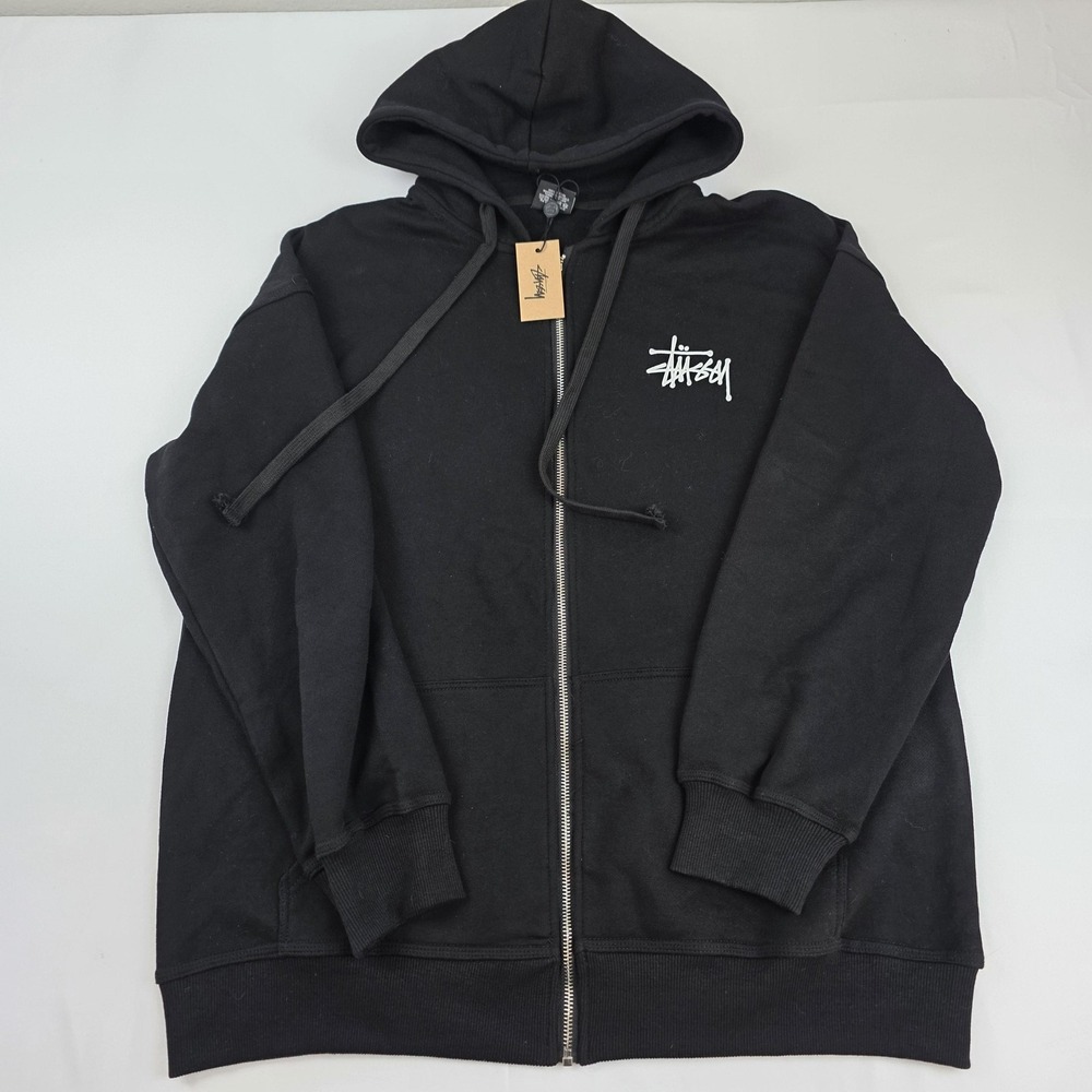 Stussy Hoodie Mens Large Black Full Zip Logo Back Graphic Fleece Sweatshirt - Picture 1 of 16
